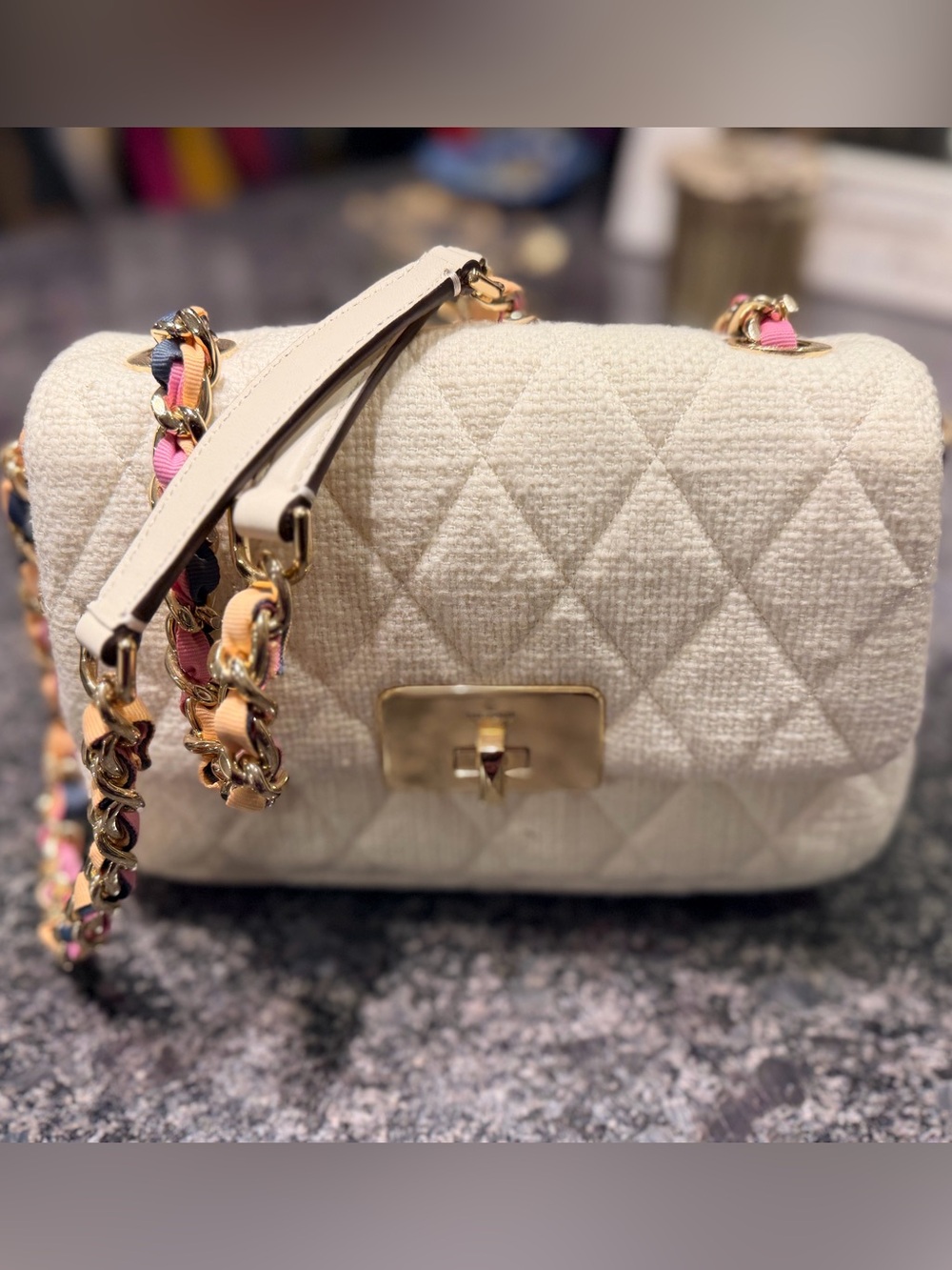 Quilted Cream Chain-Detail Shoulder Bag